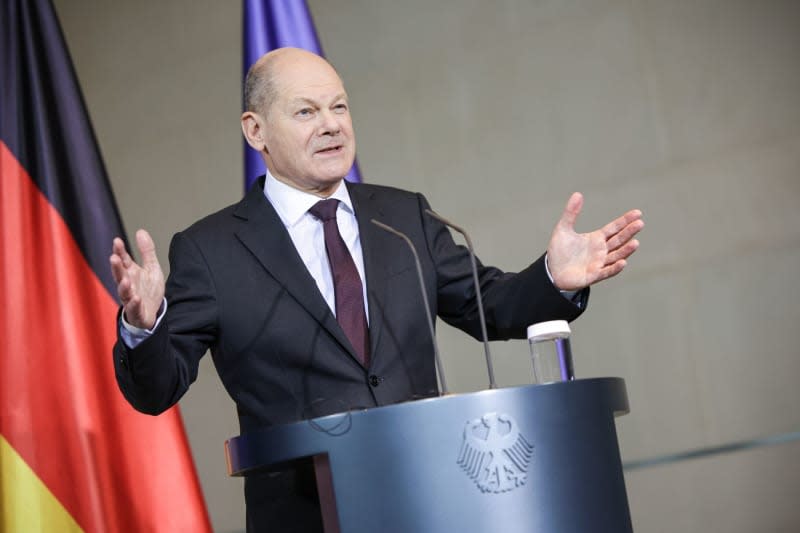 German Chancellor Olaf Scholz speaks during a press conference with Malaysian Prime Minister Anwar Ibrahim (Not Pictured) after their meeting at the Federal Chancellery. Hannes P. Albert/dpa