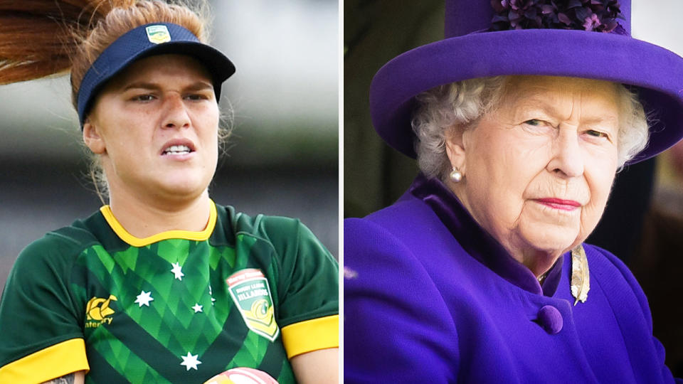 Catlin Moran is pictured left, and Queen Elizabeth II on the right.