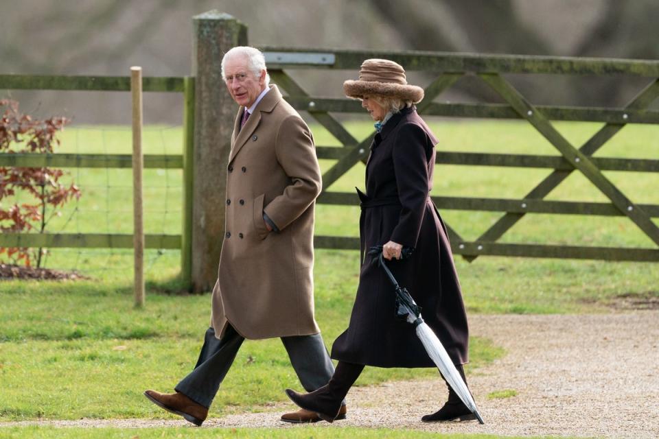 King Charles III and Queen Camilla leave after attending a Sunday church service at St Mary Magdalene Church in Sandringham on Sunday (PA)