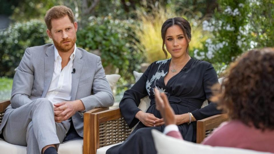 Oprah Winfrey interviews Prince Harry and Meghan Markle on “A CBS Primetime Special,” which aired Sunday night. (Photo by Harpo Productions/Joe Pugliese via Getty Images)