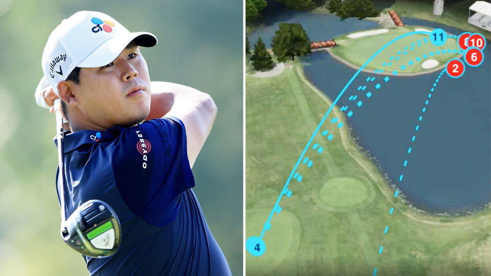 Si Woo Kim's 13 on a par-three set an ugly 38-year first on the PGA Tour. Pic: Getty/PGA Tour