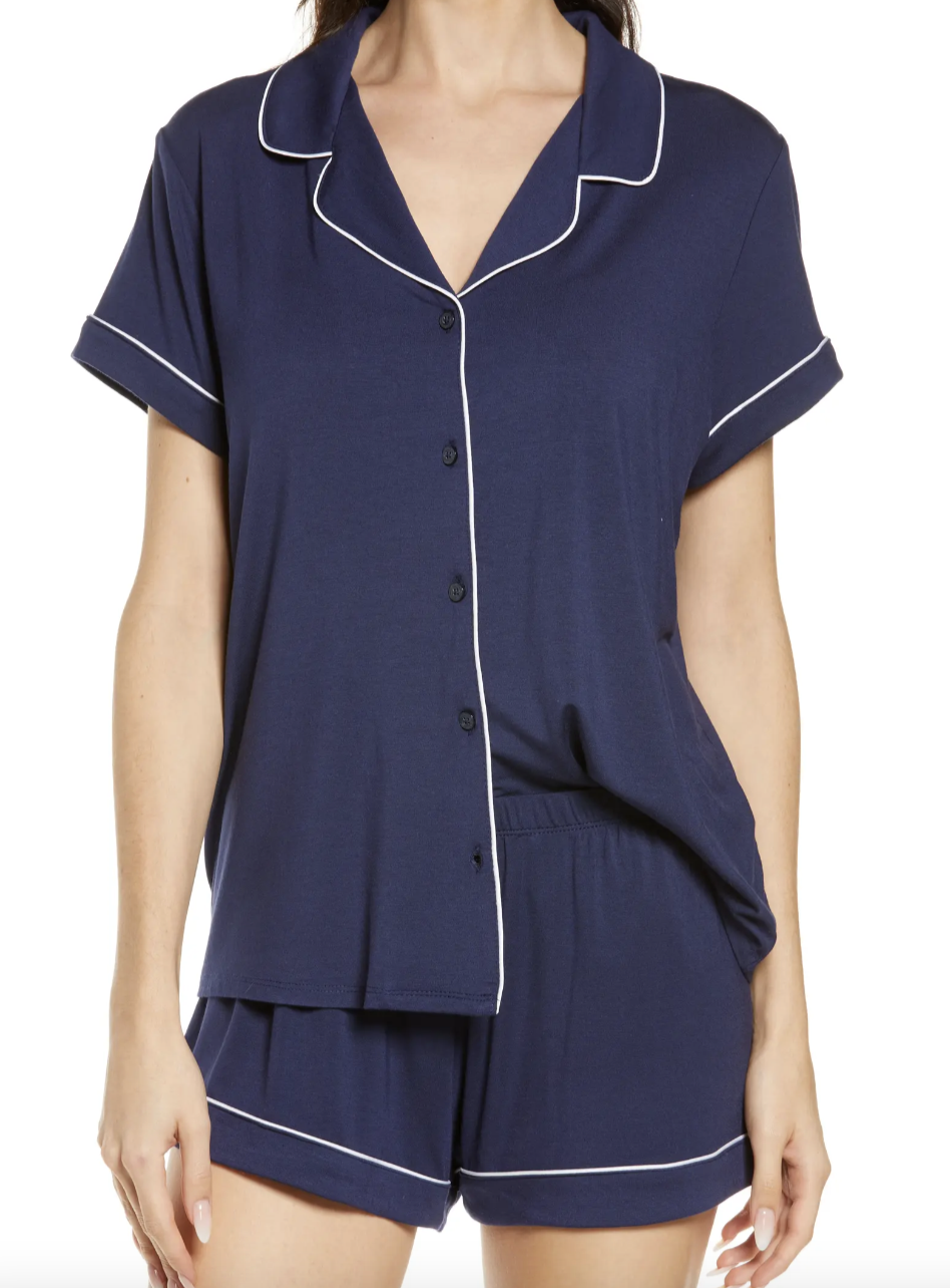 model wearing pj shorts and matching top, Nordstrom Moonlight Eco Short Pajamas in navy (Photo via Nordstrom)