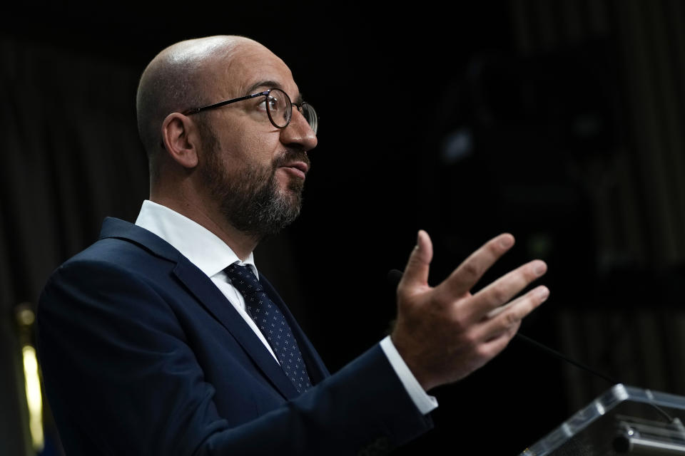 European Council President Charles Michel speaks during a joint news conference with European Commission President Ursula von der Leyen ahead of the G7 summit, at the EU headquarters in Brussels, Thursday, June 10, 2021. Charles Michel and Ursula von der Leyen will attend the G7 summit in Cornwall, southwest England. (AP Photo/Francisco Seco, Pool)