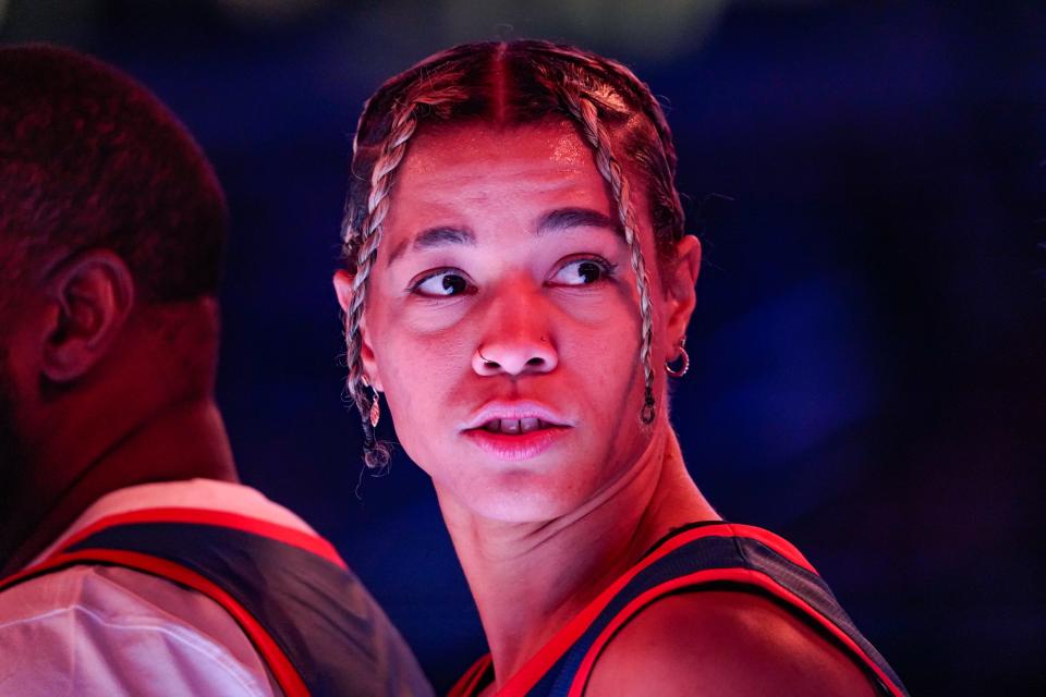 Natasha Cloud of Team Stephen A. plays in the 2024 Ruffles NBA All-Star Celebrity Game on Friday, Feb. 16, 2024, at Lucas Oil Stadium in Indianapolis.