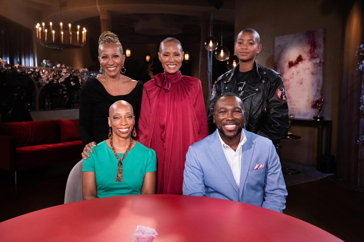 Enquirer opinion editor, Kevin S. Aldridge (front right) and his wife Nichole (front left) appeared on the Red Table Talk show on Thursday, June 2, with Jada Pinkett Smith (center), her daughter Willow (back right) and mother Gammy.