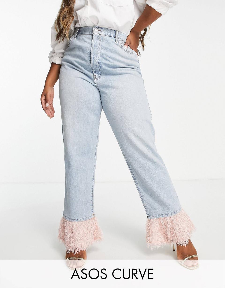 Curve Straight Leg Jeans With Faux Feather Hem