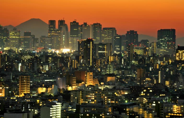 This file photo taken on October 21, 2012 shows Japan's highest mountain Mount Fuji (top L) rising up behind the skyscrapers dotting the skyline of the Shinjuku area of Tokyo at sunset. "Earth Hour" falls on March 25 this year