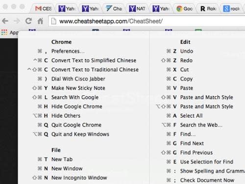 CheatSheet screenshot with Mac keyboard shortcuts