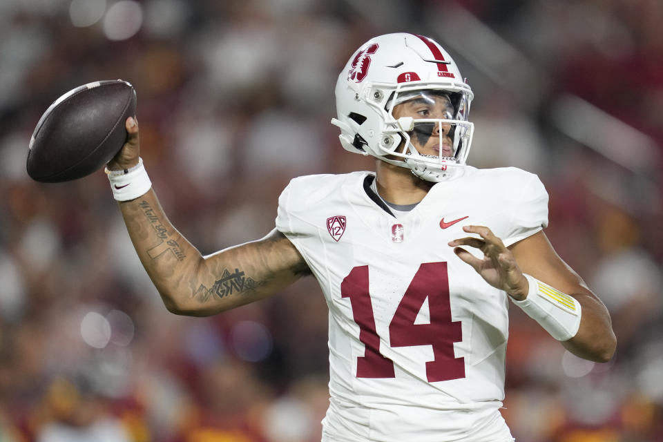 Stanford quarterback Ashton Daniels (14) throws during the first half of an NCAA college football game against Southern California in Los Angeles, Saturday, Sept. 9, 2023. (AP Photo/Ashley Landis)