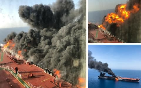 Pictures on board an oil tanker (left, top right) shows it billowing black smoke, which can be seen from afar (bottom right) - Credit: Fars News Agency/AP