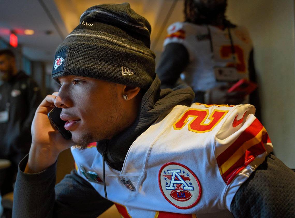 Kansas City Chiefs wide receiver Skyy Moore (24) talks during a phone interview during the team’s media availability Wednesday, Feb. 8, 2023, at Hyatt Regency Scottsdale Resort & Spa at Gainey Ranch in Arizona.