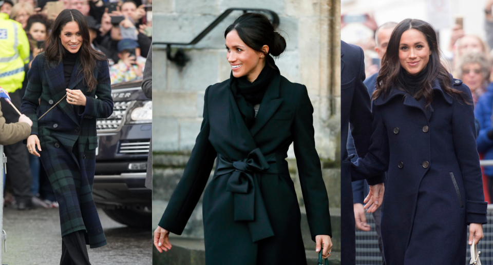 meghan markle green navy tartan coat, meghan markle black wrap coat, meghan markle dark blue coat