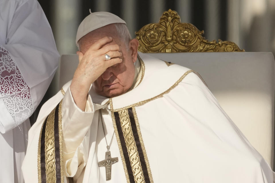 Pope Francis presides over mass to open the Synod of Bishops in St. Peter's Square at The Vatican, Wednesday, Oct.4, 2023. (AP Photo/Andrew Medichini)