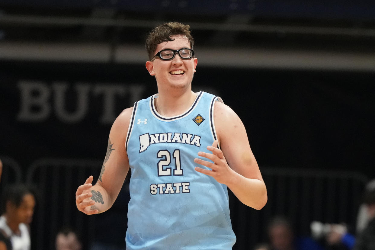INDIANAPOLIS, INDIANA - APRIL 04:  Robbie Avila #21 of the Indiana State Sycamores looks on during the NIT Final college basketball game against the against the Seton Hall Pirates at Hinkle Fieldhouse on April 4, 2024 in Indianapolis, Indiana  (Photo by Mitchell Layton/Getty Images)