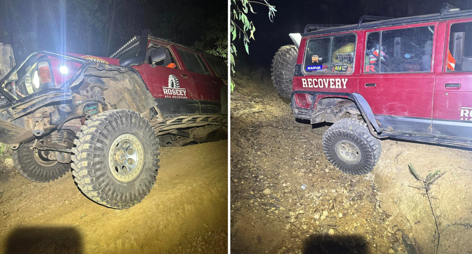 The 4WD hanging off deep ridges showing how difficult the terrain is. 