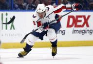 Mar 30, 2019; Tampa, FL, USA;Washington Capitals left wing Alex Ovechkin (8) skates during the first period against the Tampa Bay Lightning at Amalie Arena. Mandatory Credit: Reinhold Matay-USA TODAY Sports