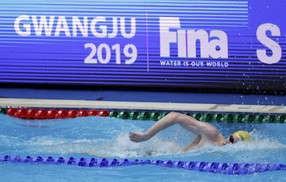 Australia's Mack Horton swims in his heat of the men's 800m freestyle at the World Swimming Championships in Gwangju, South Korea, Tuesday, July 23, 2019. (AP Photo/Mark Schiefelbein)