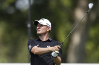 Emiliano Grillo hits from the 15th tee during the first round of the Rocket Mortgage Classic golf tournament, Thursday, July 2, 2020, at the Detroit Golf Club in Detroit. (AP Photo/Carlos Osorio)