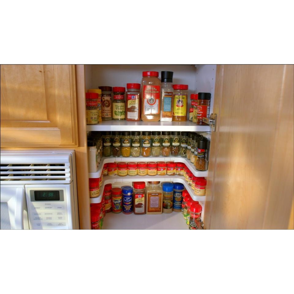 perimeter spice shelves in a cabinet