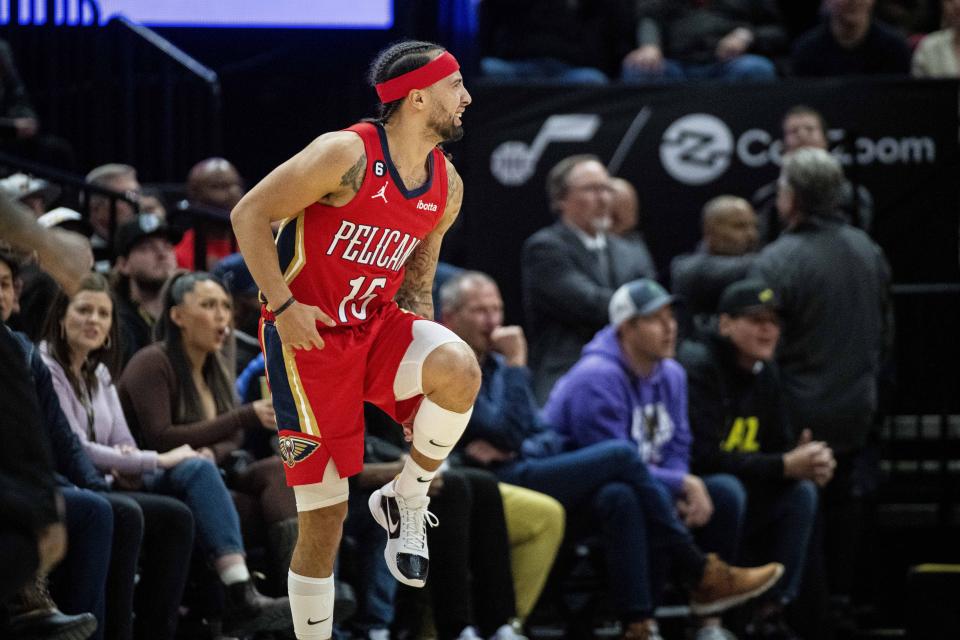 New Orleans Pelicans guard Jose Alvarado (15) grimaces after being roughed up in a play against the Utah Jazz in the first half during an NBA basketball game Tuesday, Dec. 13, 2022, in Salt Lake City. (AP Photo/Isaac Hale)