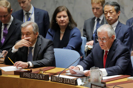 U.S. Secretary of State Rex Tillerson (R) speaks next to U.N. Secretary-General Antonio Guterres during a Security Council meeting on the situation in North Korea at the United Nations (UN) in New York, U.S., April 28, 2017. REUTERS/Lucas Jackson