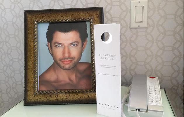 Seth requested that the hotel place pictures of Jeff Goldblum around his hotel room. Photo: Facebook.