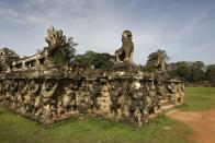 The Terrace of the Leper King is located in the northwest corner of the Royal Square of Angkor Thom, Cambodia. The name comes from the discovery of a statue of Dharmaraja, or Yama (the god of death), which was leprous with algae and moss.