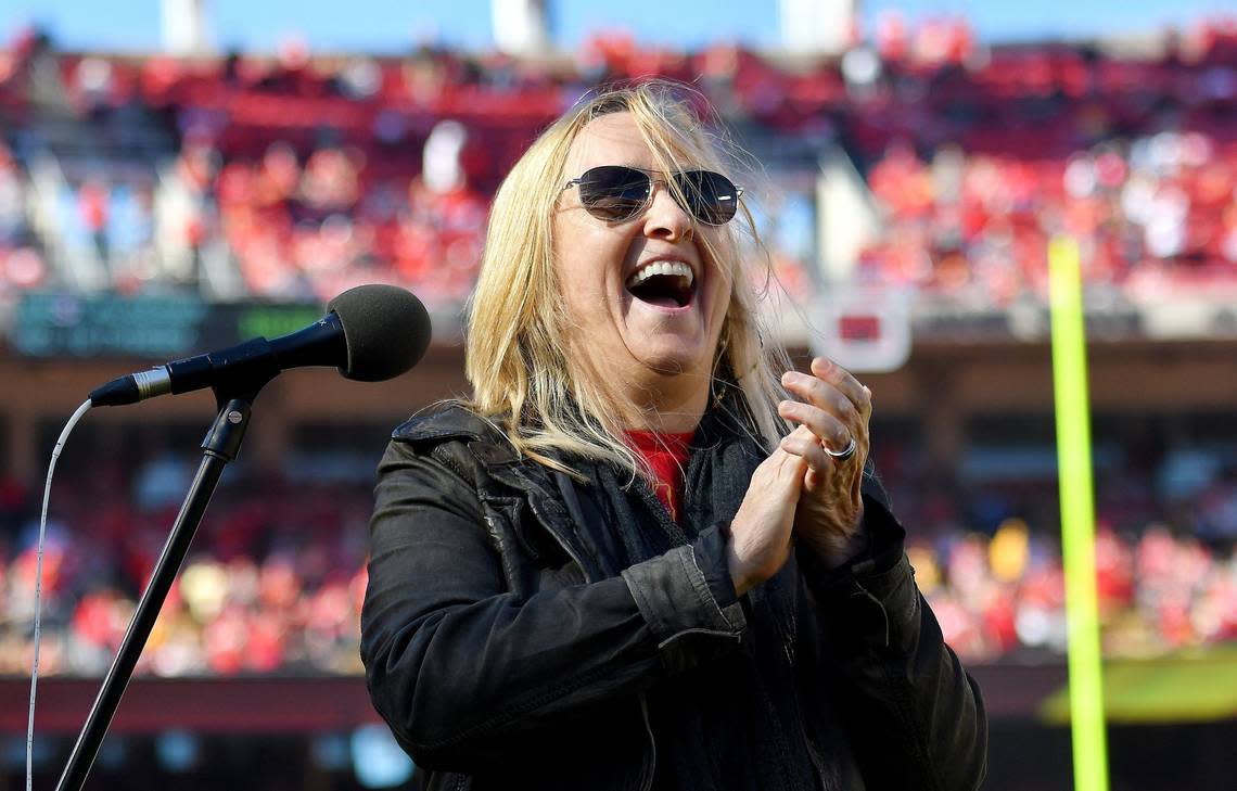 Singer-songwriter Melissa Etheridge, who grew up in Leavenworth, maintains her ties to home. Here she prepares to sing the national anthem before a Kansas City Chiefs game in 2017 at Arrowhead Stadium.