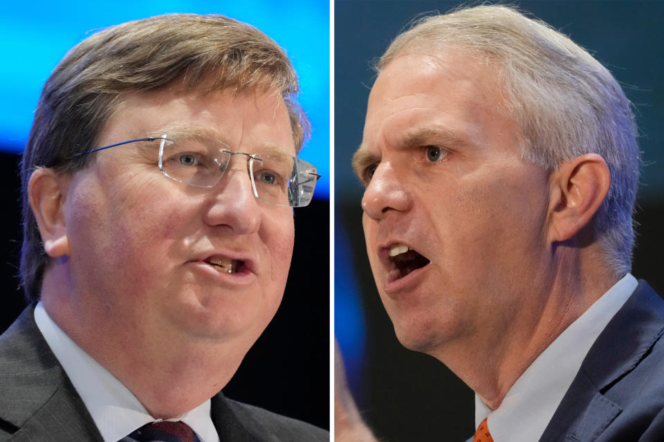 This combination of photos shows Mississippi Republican Gov. Tate Reeves, left, and Democratic challenger Brandon Presley speaking at the Mississippi Economic Council's Hobnob event on Oct. 26, 2023, in Jackson, Miss. The two will face off Wednesday, Nov. 1, in their only debate of a hard-fought campaign, six days before the Nov. 7 general election. (AP Photo/Rogelio V. Solis)