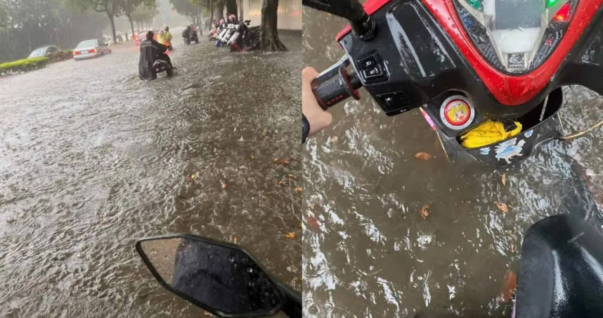 台北市北安路往市區方向路段，水已淹至機車一半的高度。（圖／爆料公社）