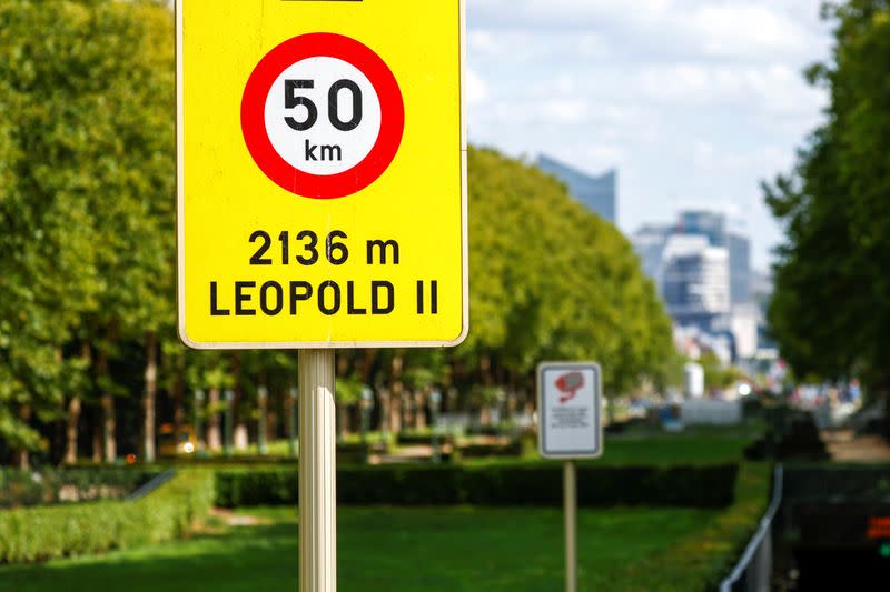 A road sign is pictured at the entrance of the Leopold II tunnel, named after former Belgian King, in central Brussels