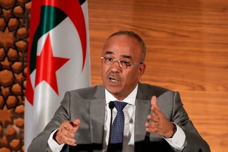 Algeria's newly appointed prime minister, Noureddine Bedoui, speaks during a joint news conference with deputy prime minister Ramtane Lamamra, in Algiers, Algeria March 14, 2019. REUTERS/Zohra Bensemra