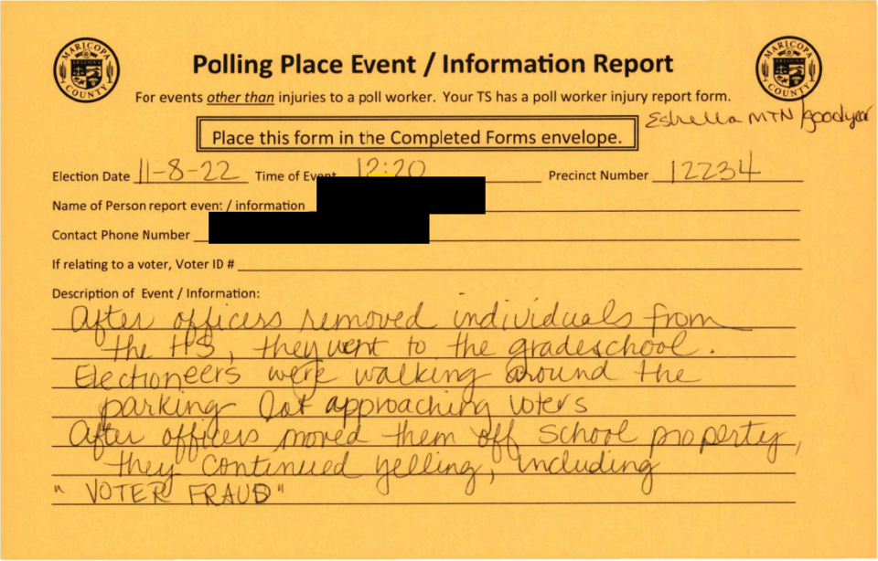 Goldenrod forms submitted about issues at Maricopa County polling locations.