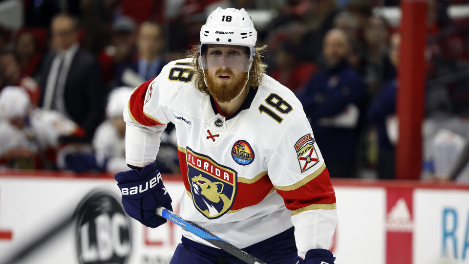 FILE - Florida Panthers' Marc Staal (18) waits for a face-off against the Carolina Hurricanes during the third period of an NHL hockey game in Raleigh, N.C., Friday, Dec. 30, 2022. Marc Staal is joining the Philadelphia Flyers, signing a $1.1 million contract for next season with a team embarking on a lengthy rebuilding process. General manager Daniel Briere announced the signing Monday, July 3, 2023. (AP Photo/Karl B DeBlaker, File)