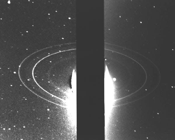 De ringen van Neptunus gezien vanaf de Voyager