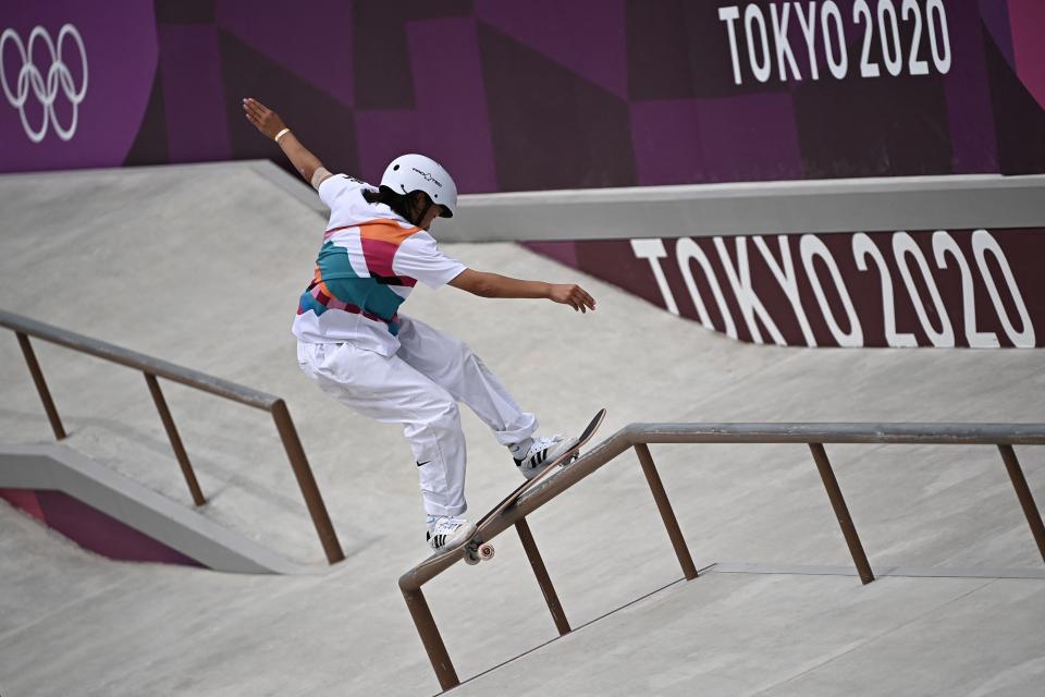 Japan's Momiji Nishiya competes in the skateboarding women's street final of the Tokyo 2020 Olympic Games at Ariake Sports Park in Tokyo on July 26, 2021. (Photo by Lionel BONAVENTURE / AFP) (Photo by LIONEL BONAVENTURE/AFP via Getty Images)