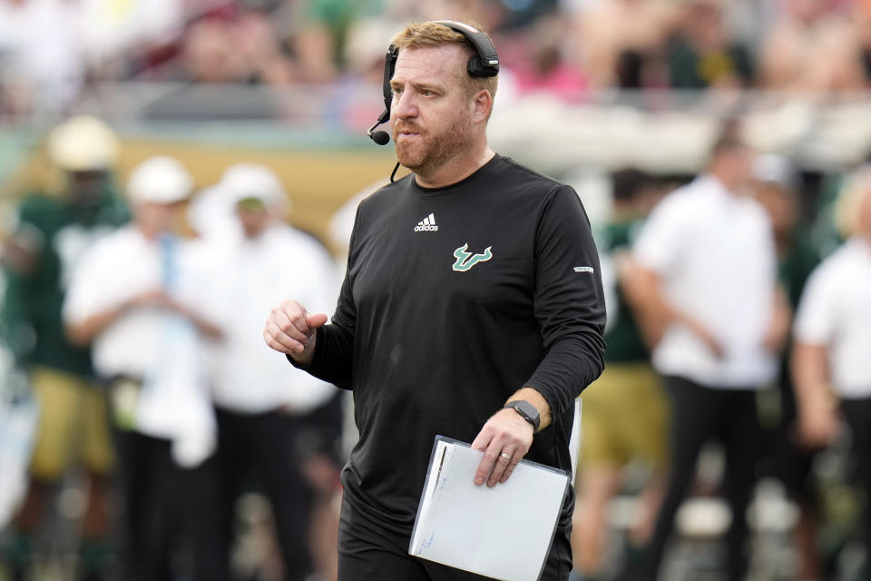 South Florida head coach Alex Golesh watches play against Alabama during the first half of an NCAA college football game Saturday, Sept. 16, 2023, in Tampa, Fla. (AP Photo/Chris O'Meara)