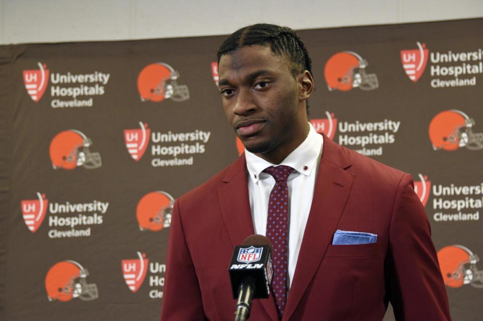 FILE - In this Jan. 1, 2017, file photo, Cleveland Browns quarterback Robert Griffin III is shown during a press conference following an NFL football game against the Pittsburgh Steelers, in Pittsburgh. A person familiar with the decision says the Cleveland Browns are releasing quarterback Robert Griffin III after one injury-marred season. Griffin is being let go one day before he would have been due a $750,000 roster bonus, said the person who spoke Friday, March 10, 2017, to the Associated Press on condition of anonymity because the team has not announced the move. (AP Photo/Don Wright, File)