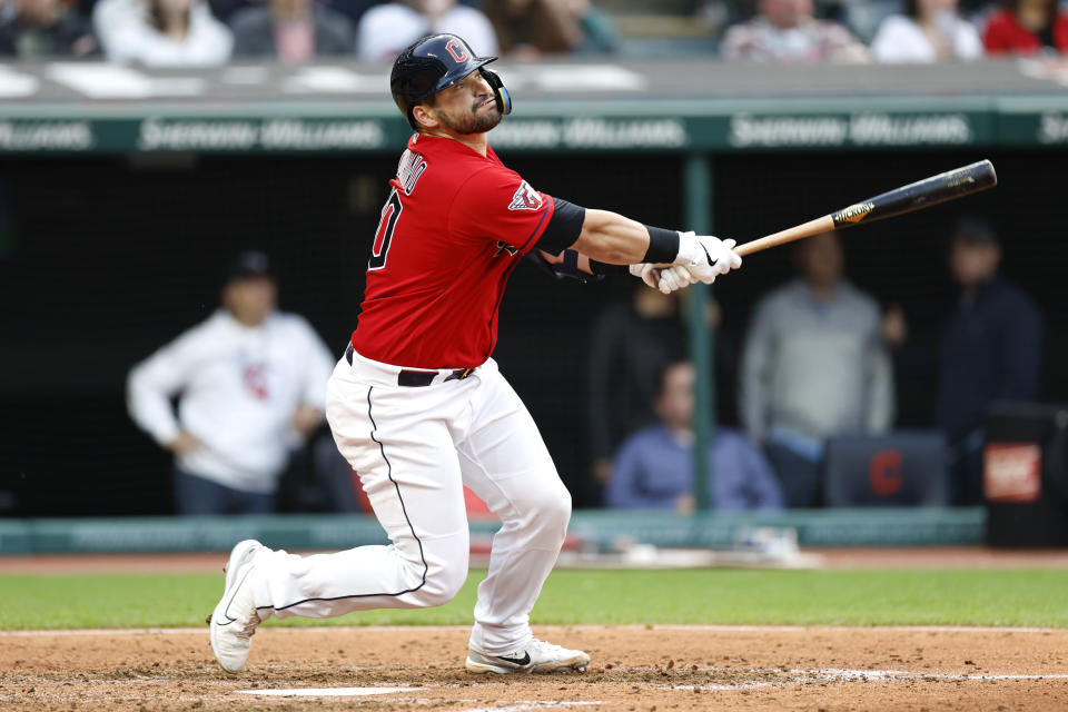 Cleveland Guardians' Mike Zunino watches his two-run home run off Chicago White Sox relief pitcher Gregory Santos during the seventh inning of a baseball game, Monday, May 22, 2023, in Cleveland. (AP Photo/Ron Schwane)