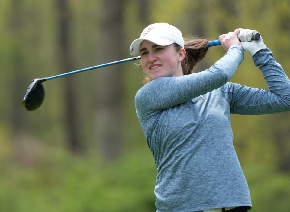 Flanders, NJ - April 26, 2023 — Morris County Girls Golf Tournament at Flanders Valley Golf Course. Sammie Dolce of Morris Tech teeing off on the second tee,