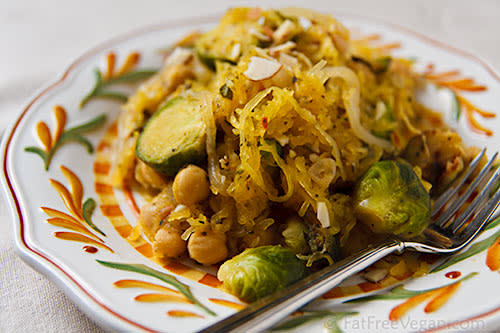 Spaghetti Squash with Brussels Sprouts and Chickpeas