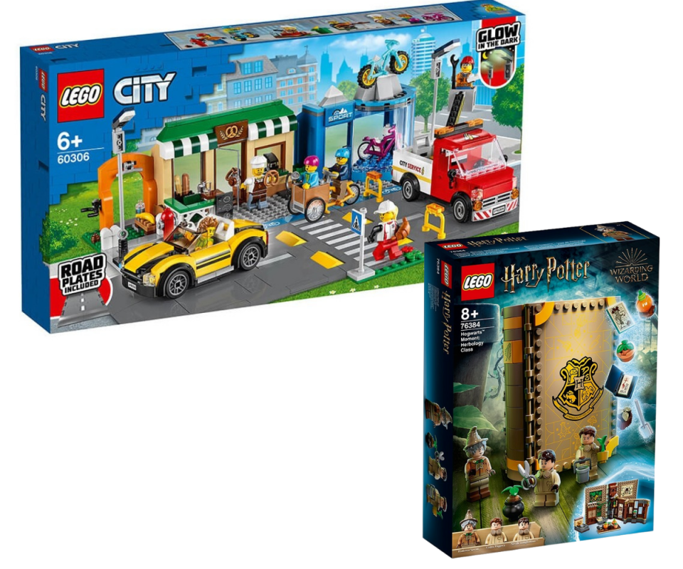 Top left is Lego's Cityscape Lego set in a box, and at the bottom right is the Lego Harry Potter Hogwarts Moment: Herbology Class set in a box.