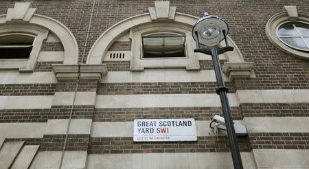 The street sign outside of the original Scotland Yard Police Station is seen in London, Britain July 27, 2015. REUTERS/Suzanne Plunkett