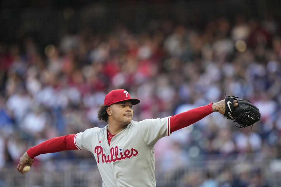 Philadelphia Phillies starting pitcher Taijuan Walker throws during the second inning of the team's baseball game against the Atlanta Braves, Friday, May 26, 2023, in Atlanta. (AP Photo/Brynn Anderson)