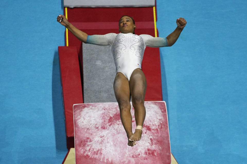 Rebeca Andrade of Brazil competes on the vault during the Women's All-Around Final at the Men's Team Final during the Artistic Gymnastics World Championships at M&S Bank Arena in Liverpool, England, Thursday, Nov. 3, 2022. (AP Photo/Thanassis Stavrakis)