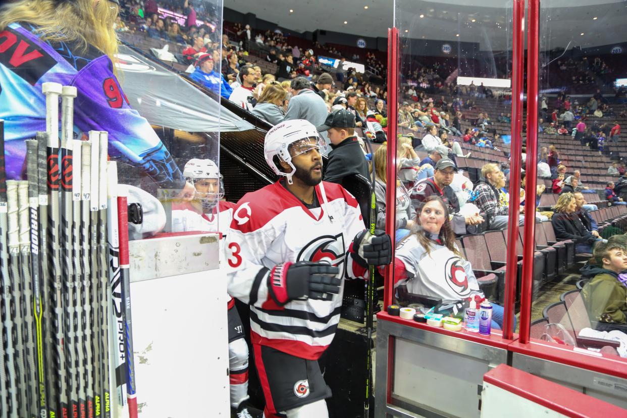 Cincinnati Cyclones defenceman Josh Burnside enters the ice at the Heritage Bank Center.