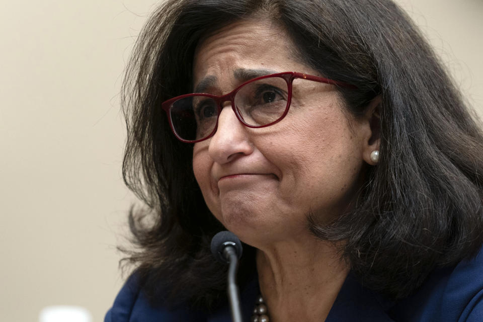 President of Columbia University Nemat Shafik testifies before the House Committee on Education and the Workforce hearing on "Columbia in Crisis: Columbia University's Response to Antisemitism" on Capitol Hill in Washington, Wednesday, April 17, 2024. (AP Photo/Jose Luis Magana)