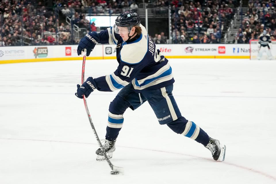 Blue Jackets center Kent Johnson is going into his first contract renegotiation this summer as a pending restricted free agent.