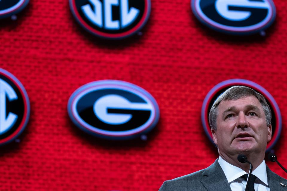 “I don’t care about the three-peat, the two-peat or the one-peat. I care about complacency," Georgia coach Kirby Smart said Tuesday at SEC media days. "We address complacency by the people we bring into our organization. Once you do that, you don’t have complacency because you have the right hard-wiring.”