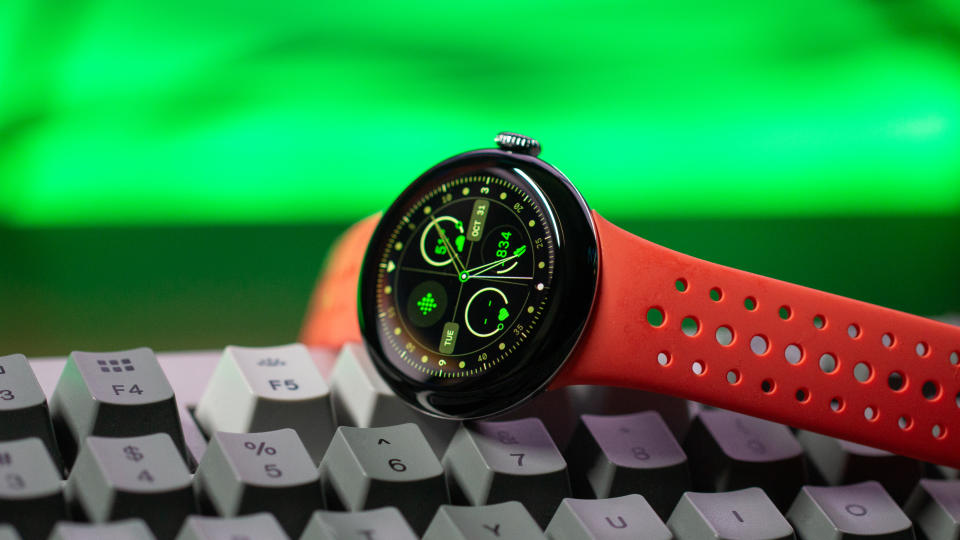 A close-up of the Pixel Watch 2 sitting on the keyboard